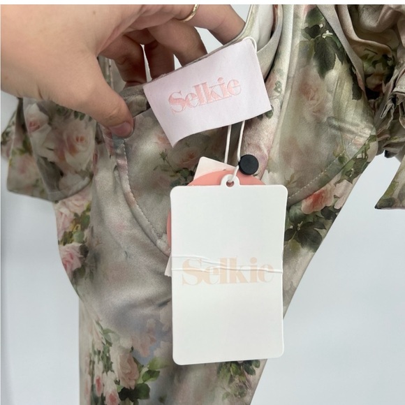 💕Selkie🐱The Poet Pink Puff Sleeve 100% Silk Charmeuse Cat Print Maxi Dress - Picture 4 of 16